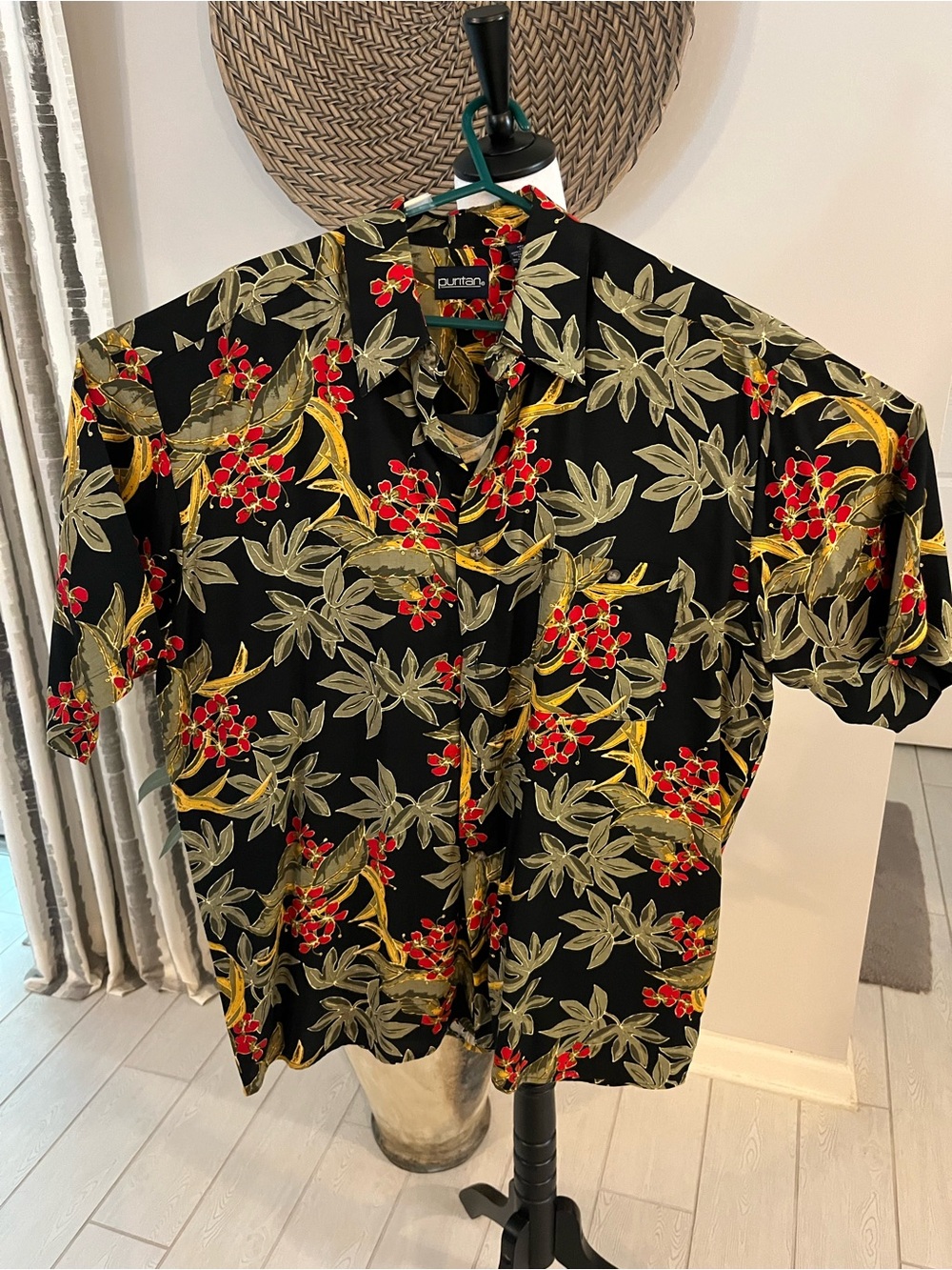 Puritan Black Floral Tropical Button-Up Camp Shirt